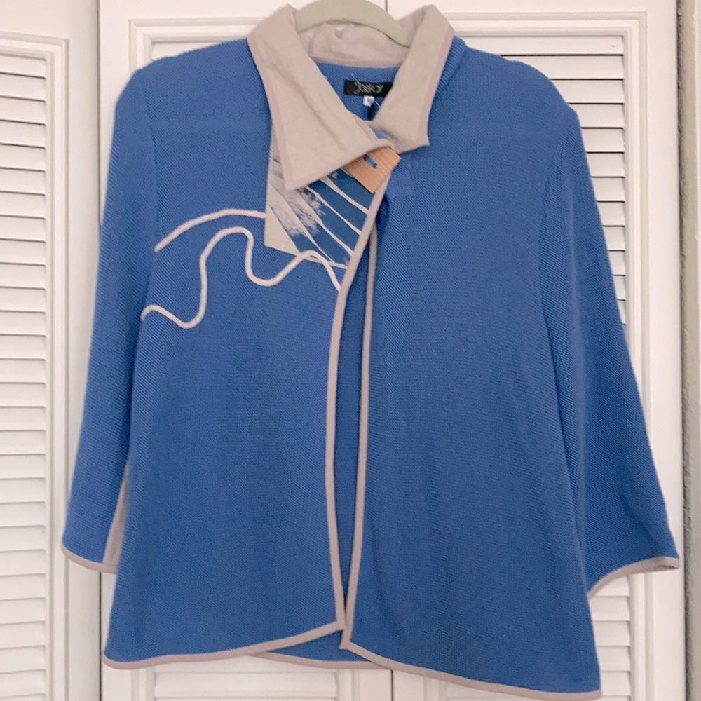 JASKAR artsy Blue Tan Waffle Knit cottagecore cardigan MED NWT